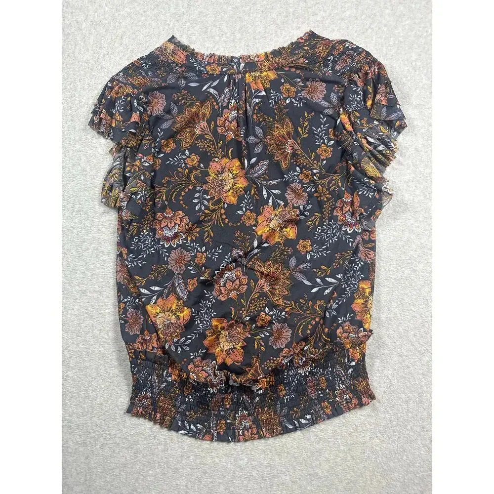 Evereve Earthy Floral V Neck Blouse Women's Large Multicolor Flutter Sleeves - Picture 6 of 6